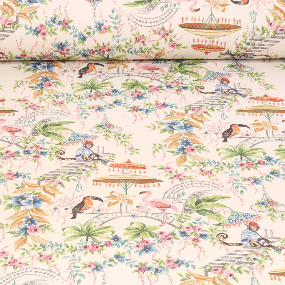 Tropical Monkey Paradise Cream Double Width Fabric