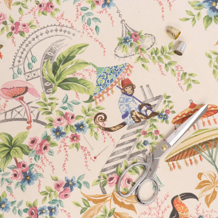 Tropical Monkey Paradise Cream Double Width Fabric