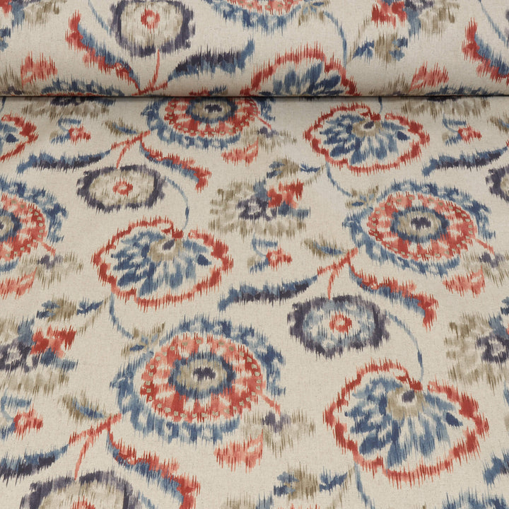 Sora Ikat Floral Double Width Indigo Coral Fabric