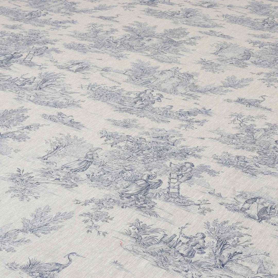 French Toile De Jouy Fabric - Blue Cotton, 1 Meter X 140cm, Antique Vintage Style